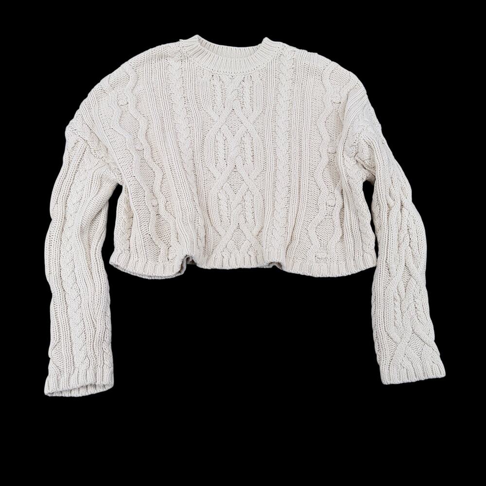 Cropped Cable Knit Sweater Ivory Cotton Womens Sz L Boxy Cottage Boho
